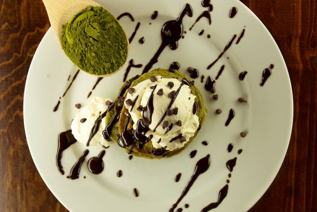 Mini Mint Moringa Chocolate Chip Pancakes with Healthy Chocolate Sauce