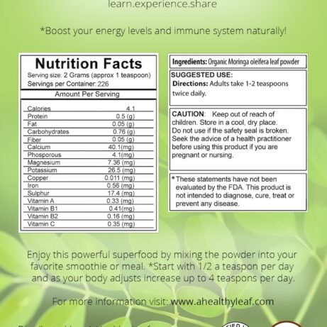 moringa powder back label