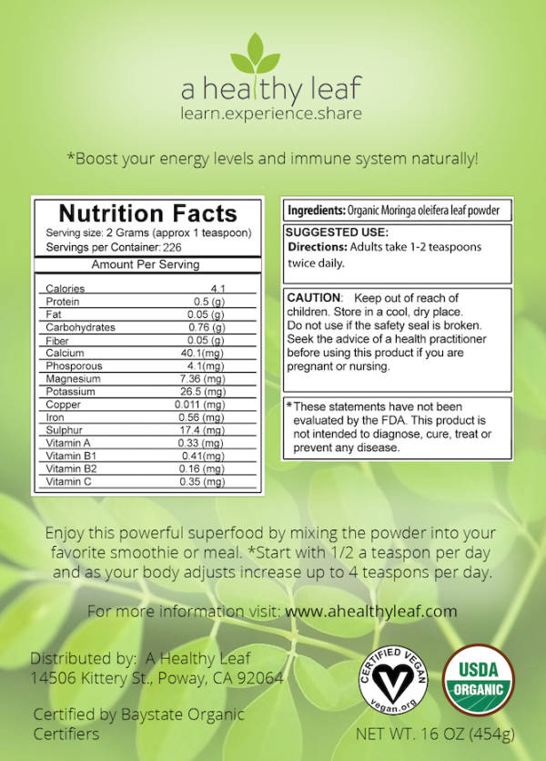 moringa powder back label