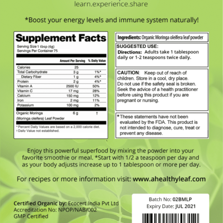 moringa powder back label