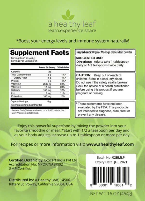 moringa powder back label